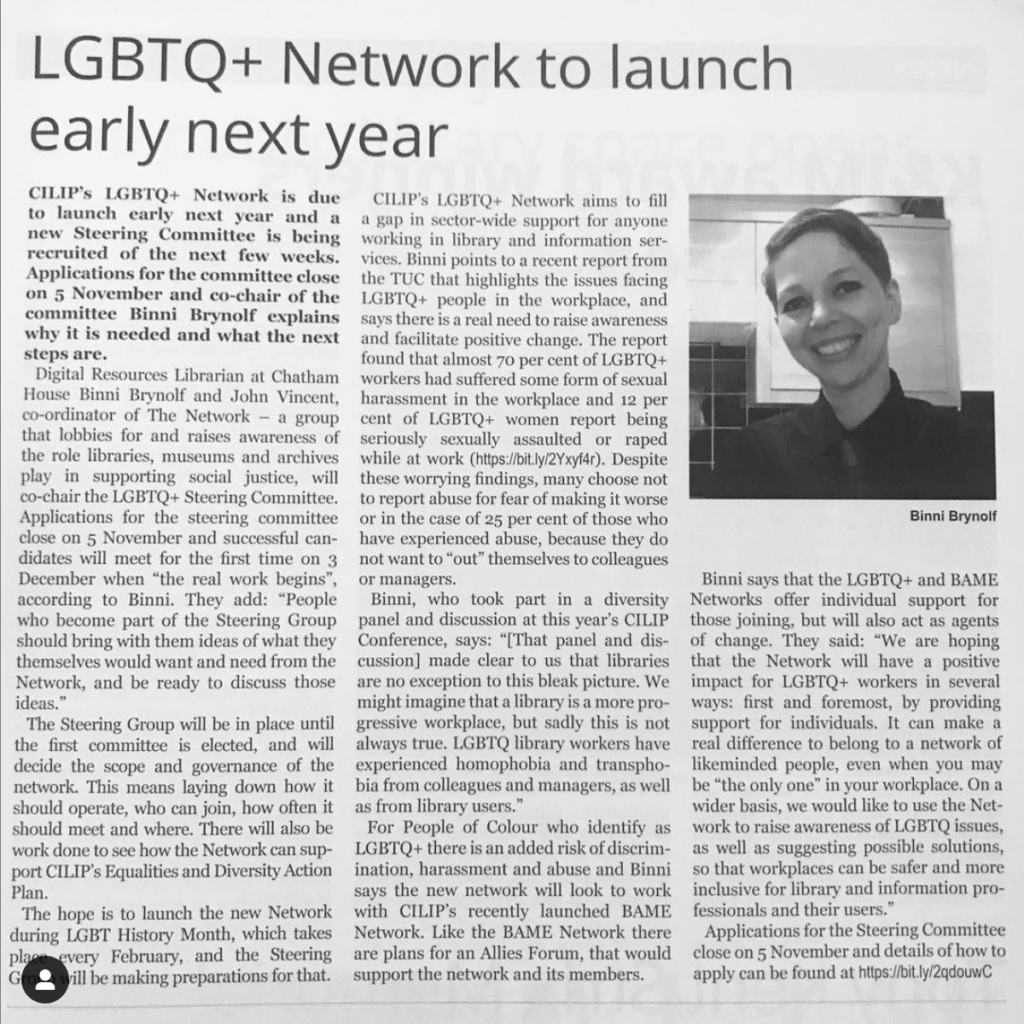 Binni Brynolf featured in CILIP's Information Professional as co-chair of the LGBTQ+ Steering Group.